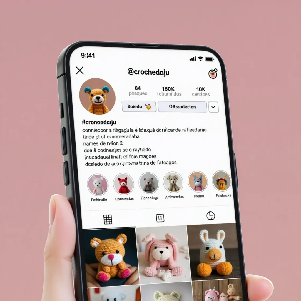 Perfil de Instagram profissional de artesã de crochê, com bio otimizada, destaques organizados e fotos de amigurumis no feed.

