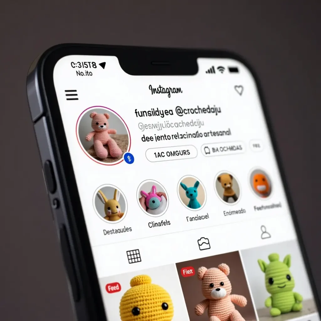 Perfil de Instagram profissional de artesã de crochê, com bio otimizada, destaques organizados e fotos de amigurumis no feed.

