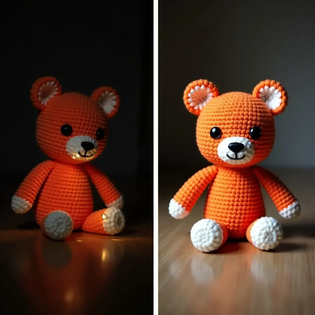 Comparação entre duas fotos do mesmo amigurumi: uma com iluminação ruim e outra com luz natural e fundo neutro.

