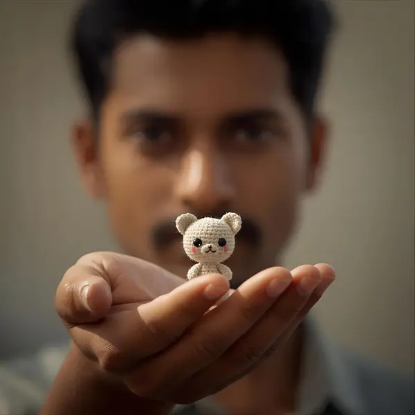Imagem 2: Artesã segurando um mini amigurumi na palma da mão para mostrar a proporção.