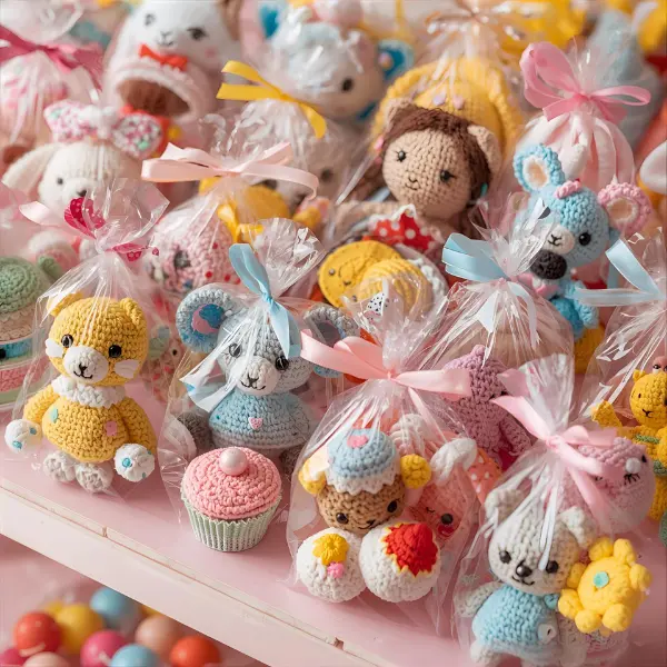 Imagem 6 Mesa cheia de mini amigurumis embalados individualmente para festa infantil.