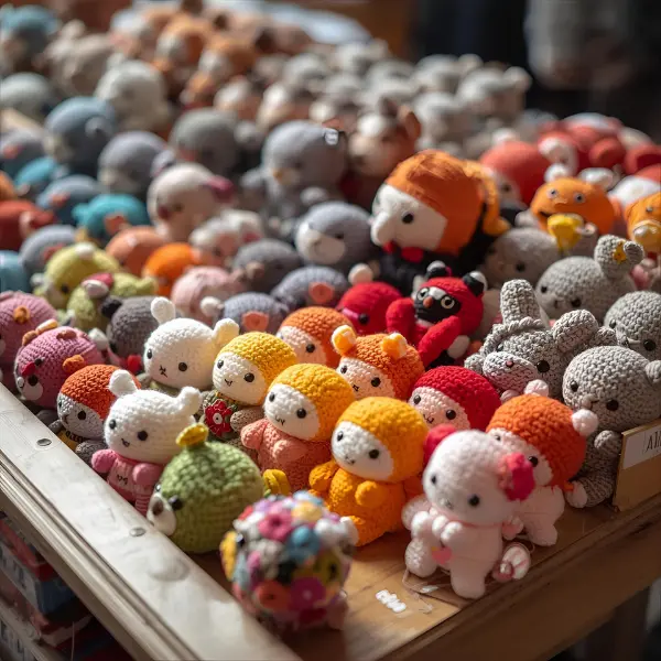 Imagem 1: Um conjunto de mini amigurumis coloridos (chaveiros, animais e bonequinhos) expostos em uma mesa.