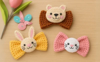 “Laços Amigurumi com Carinhas de Animais: Passo a Passo do Urso, Coelho e Gatinho”