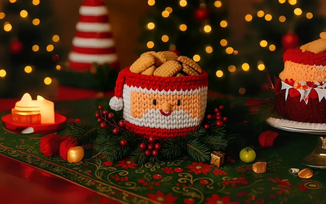 Biscoitinhos Encantados do Papai Noel: O Cesto de Crochê que Transforma a Sua Mesa de Natal
