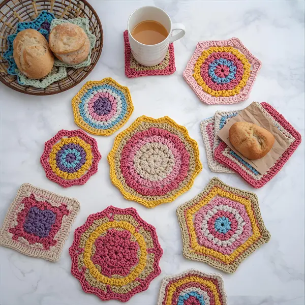  mesa posta com jogos americanos de crochê em tom pastel