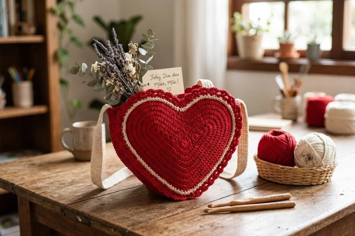 Bolsa Coração em Crochê Receita Grátis e o Presente Perfeito para o Dia das Mães