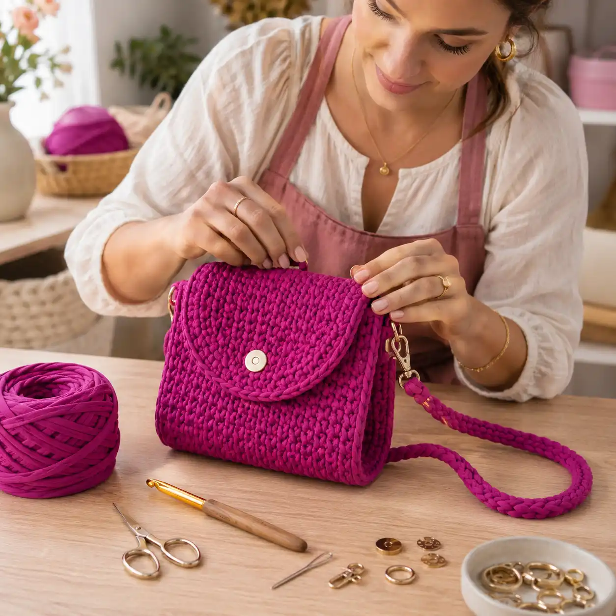 Artesã fazendo o acabamento profissional de uma minibolsa de crochê com fio de malha pink e ferragens douradas.
