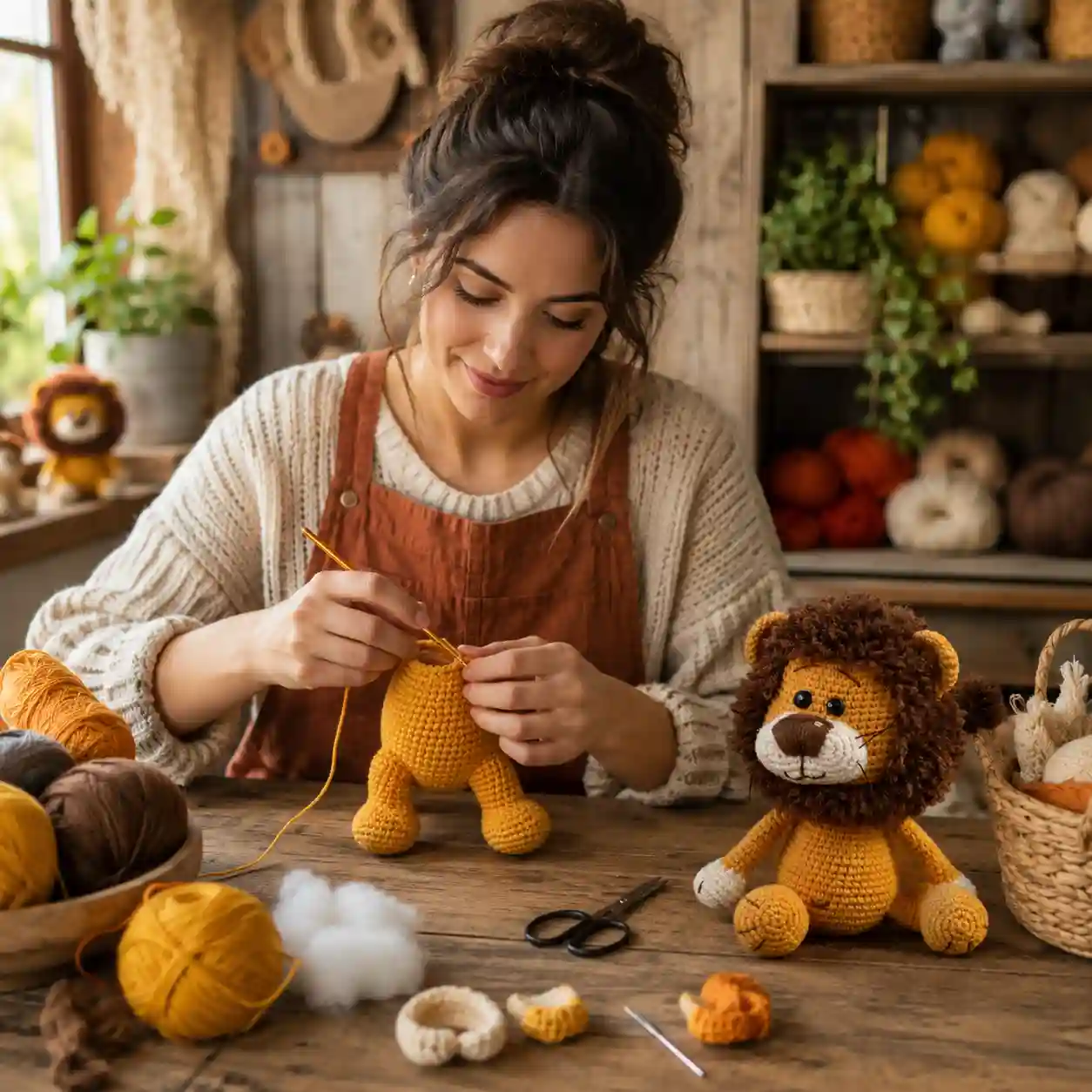 Artesã confeccionando um amigurumi leão em crochê amarelo, ao lado da peça pronta, em um ateliê aconchegante com fios e materiais artesanais.