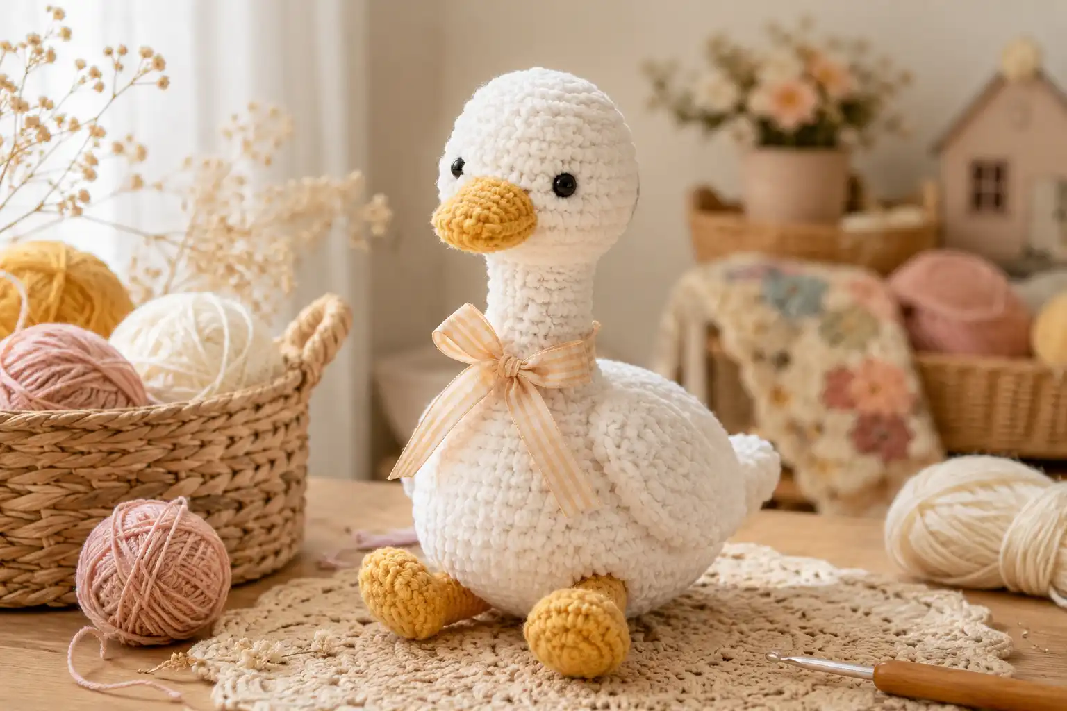 Gansinho de amigurumi branco e macio com bico, pés amarelos e laço no pescoço