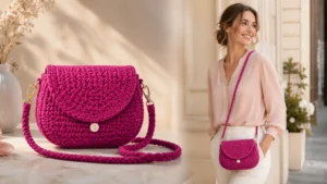 Minibolsa de crochê com fio de malha pink usada por uma modelo com look elegante