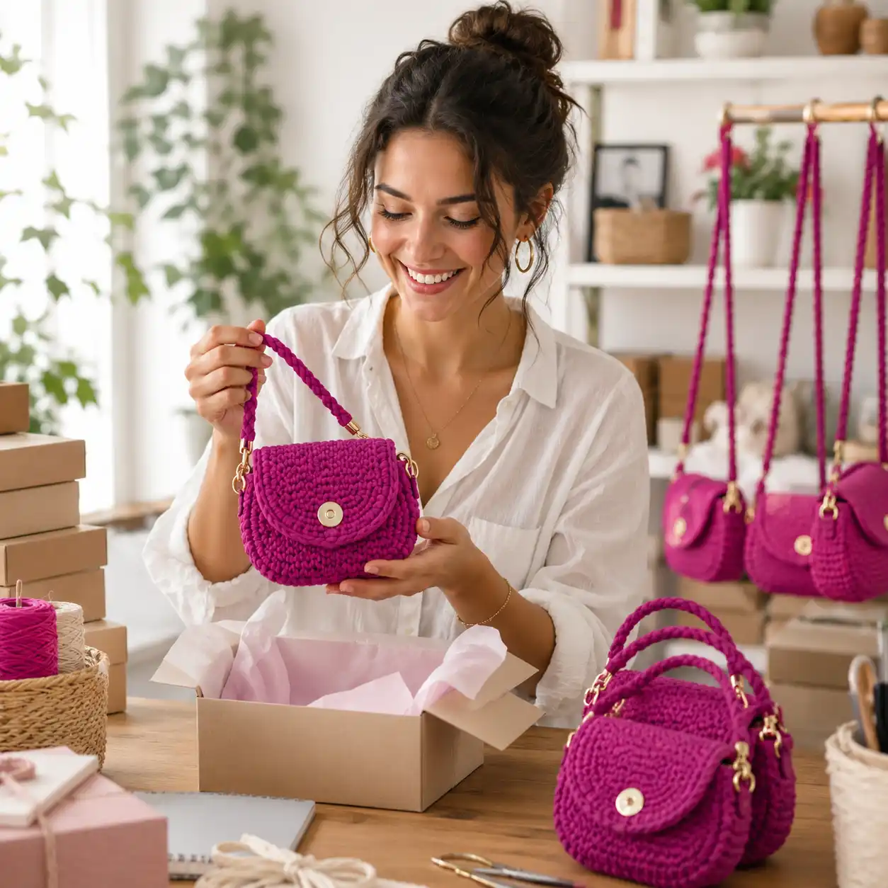 Artesã segurando uma minibolsa de crochê com fio de malha pink em seu ateliê.