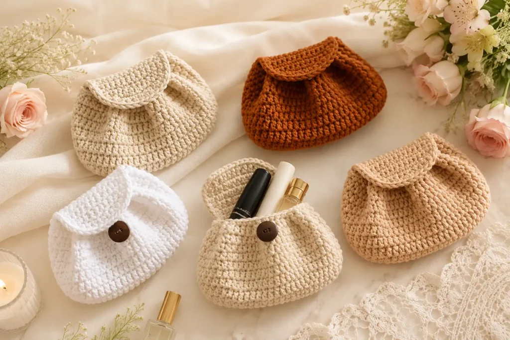 Bolsinhas croissant em crochê nas cores caramelo, bege e branco sobre uma decoração elegante