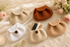 Bolsinhas croissant em crochê nas cores caramelo, bege e branco sobre uma decoração elegante