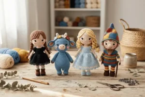 Amigurumis de personagens em crochê reunidos sobre uma mesa de artesanato com fios e acessórios ao redor.