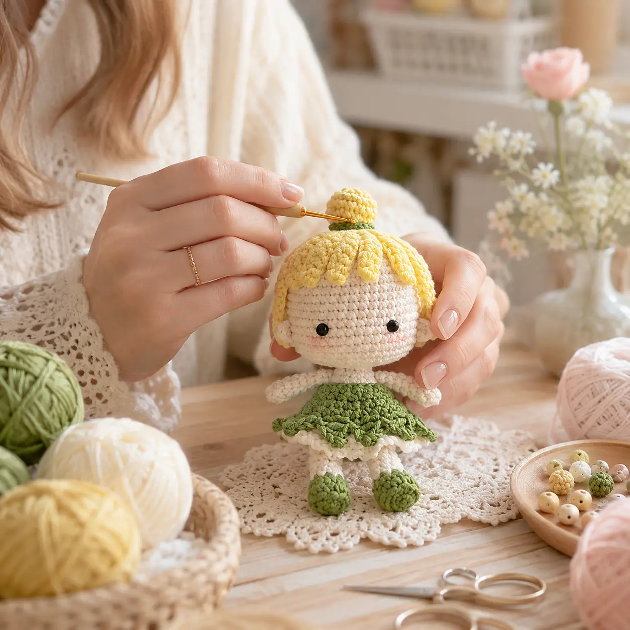 Artesã confeccionando uma boneca fadinha em amigurumi com fios verde, amarelo e bege.