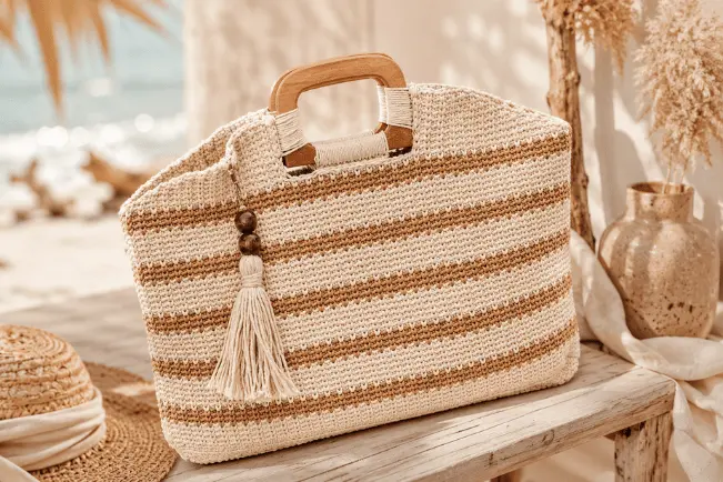Bolsa de praia em crochê com alças de madeira, listras em cru e marrom e tassel decorativo.