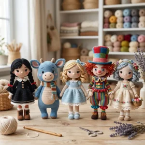 Coleção de amigurumis de personagens conhecidos confeccionados à mão em crochê.