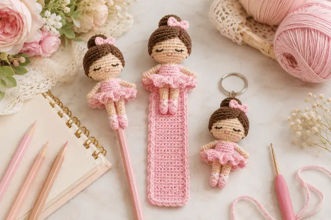 Bailarina amigurumi em conjunto escolar com enfeite de lápis, marcador de página e chaveiro rosa.