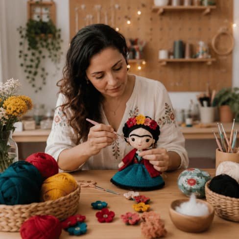 Artesã Confeccionando Boneca Frida em Crochê