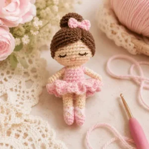 Detalhes da bailarina amigurumi mostrando saia rosa, cabelo marrom, coque e laço de crochê.