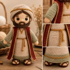 Detalhes da roupa do José amigurumi em crochê com mangas, cintura e acabamento dourado.
