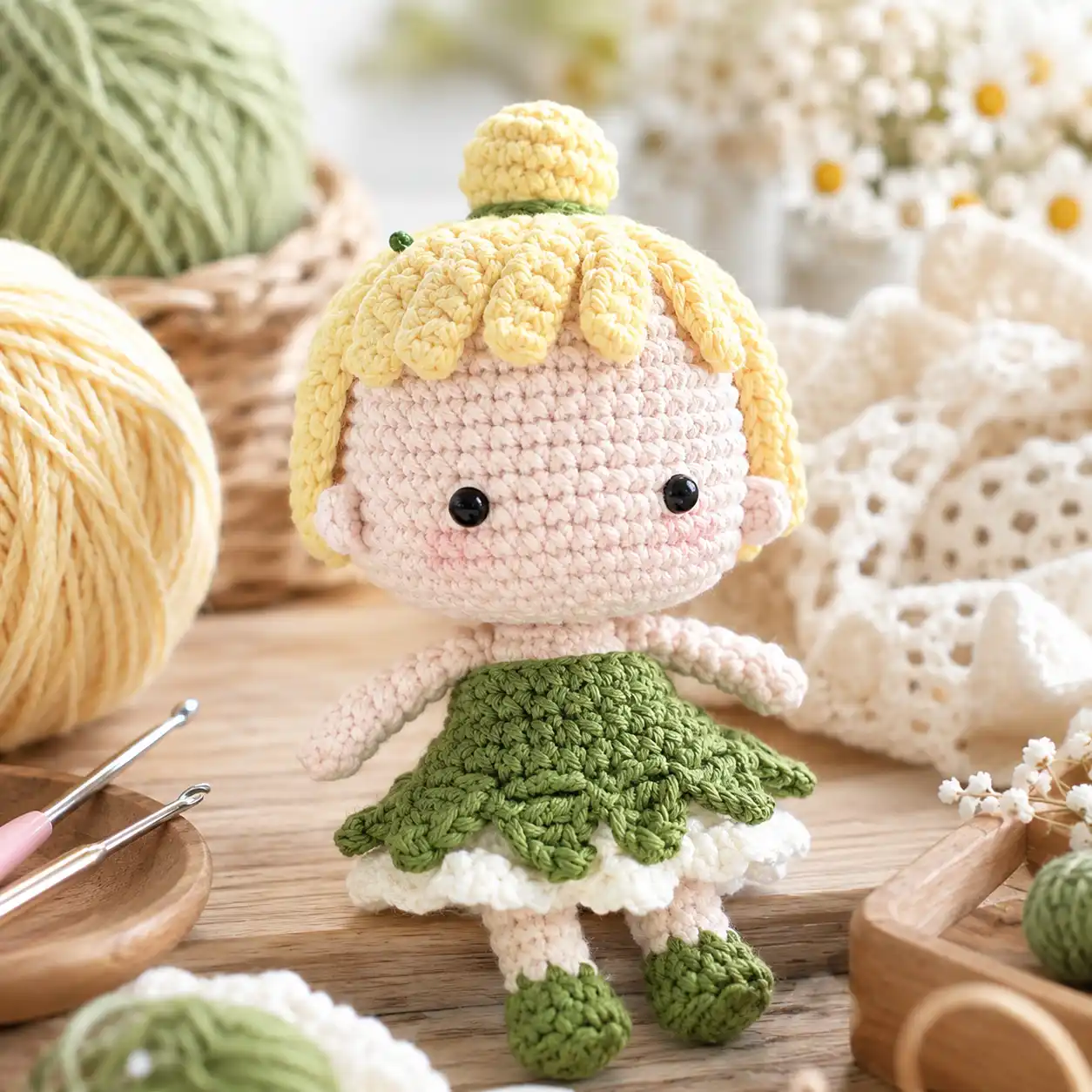 Detalhes do vestido verde, saia branca e coque amarelo de uma boneca fadinha em amigurumi.