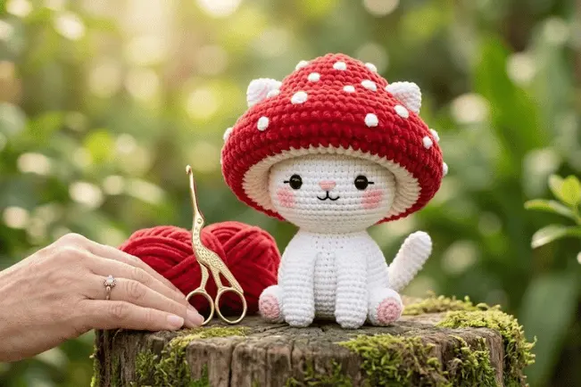 Close-up de um gatinho amigurumi de crochê branco com um chapéu de cogumelo vermelho e branco com bolinhas, sentado em um tronco de árvore coberto de musgo. Ao lado dele, há uma mão humana com um anel delicado, ferramentas de artesanato douradas (tesoura pequena e possivelmente uma agulha) e um novelo de fio vermelho. O fundo é um borrão suave de vegetação verde e luz solar quente.