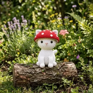 Gatinho Cogumelo Amigurumi branco usando um capuz vermelho com bolinhas brancas, posado sobre um tronco de madeira.