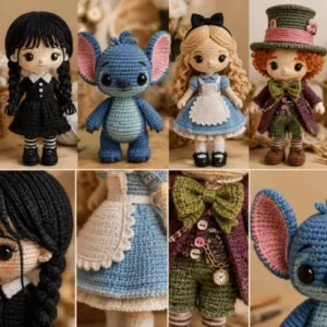 Detalhes de roupas, cabelos e acessórios em amigurumis de personagens feitos em crochê.