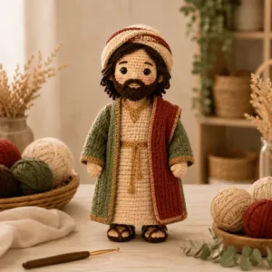 José amigurumi finalizado em crochê com barba, manto, roupa bege e detalhes dourados.