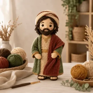 José amigurumi em crochê com barba marrom, roupa bege, manto e detalhes dourados.