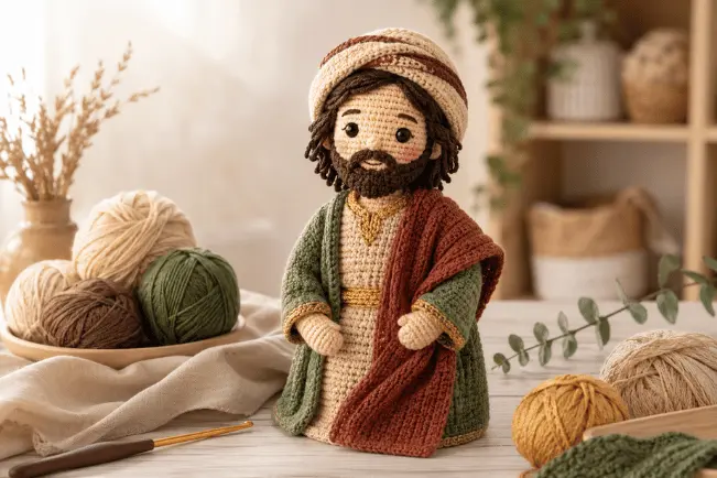 José amigurumi em crochê com barba marrom, turbante bege, roupa verde, manto vermelho e detalhes dourados.