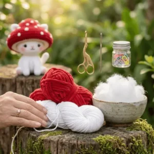 Fios vermelho e branco, agulhas e enchimento para fazer um Gatinho Cogumelo Amigurumi.