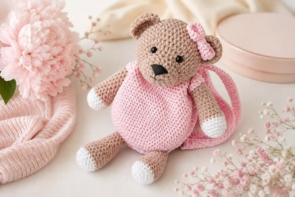 Mochila de ursinho em crochê rosa e marrom feita com fio de pelúcia