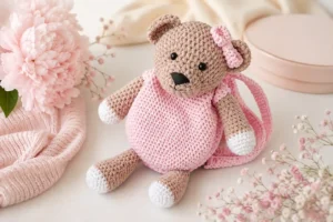 Mochila de ursinho em crochê rosa e marrom feita com fio de pelúcia