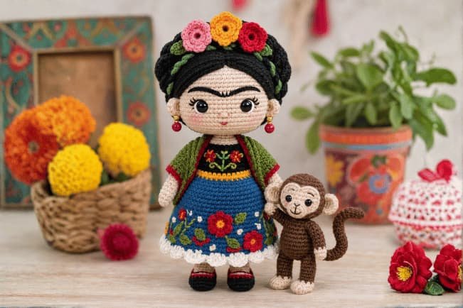 Boneca Frida em crochê com flores coloridas no cabelo, saia azul, xale vermelho e macaquinho amigurumi