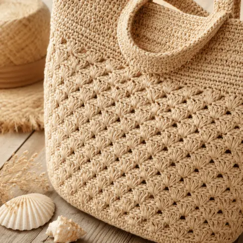 Detalhe do ponto texturizado de uma bolsa de praia em crochê nas cores cru e marrom.