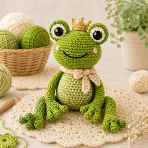 Sapo amigurumi finalizado em crochê com olhos grandes, barriga clara e acessórios personalizados.