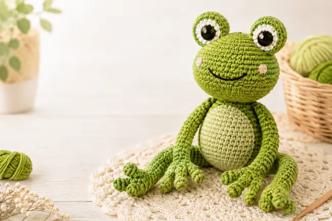 Sapo amigurumi verde em crochê sentado sobre peça de crochê, com novelos de lã ao fundo.
