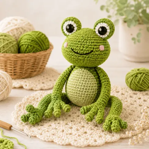 Sapo amigurumi verde em crochê sentado com olhos grandes e barriga verde-clara.