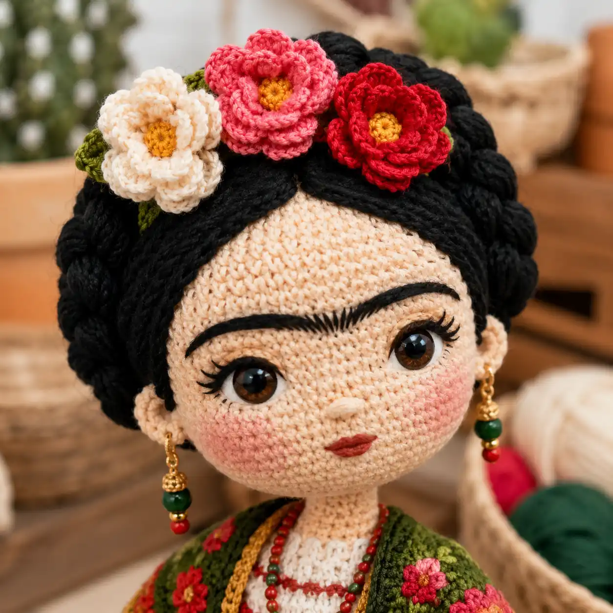 Detalhe da trança preta com flores em crochê sobre o cabelo da boneca Frida.