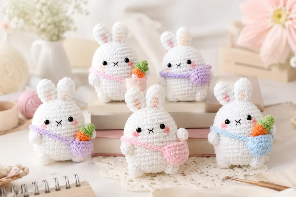 Coelho com bolsa de amigurumi branco segurando uma cenoura de crochê