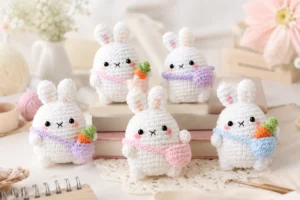 Coelho com bolsa de amigurumi branco segurando uma cenoura de crochê