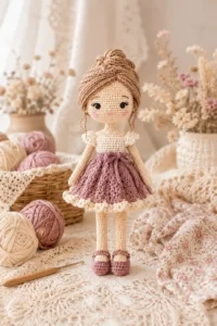 Boneca amigurumi com vestido bicolor finalizada, cabelo de fios, rosto bordado e acabamento artesanal.