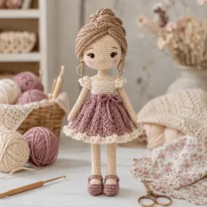 Receita Boneca amigurumi com vestido bicolor em crochê, cabelo de fios e rosto delicadamente bordado