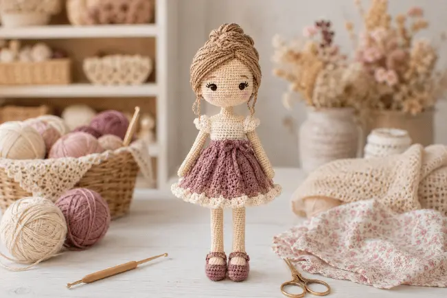 Boneca amigurumi com vestido bicolor em crochê, cabelo de fios e rosto delicadamente bordado.