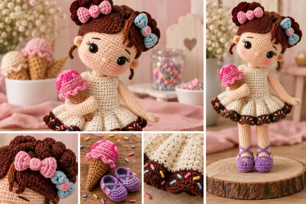 Boneca sorvete amigurumi em crochê com vestido creme e marrom, cabelo com dois coques e sorvete rosa.