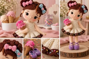 Boneca sorvete amigurumi em crochê com vestido creme e marrom, cabelo com dois coques e sorvete rosa.