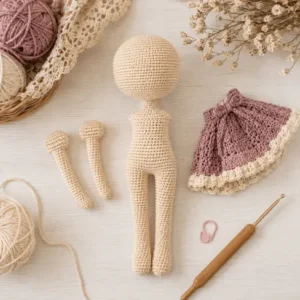 Corpo e braços da boneca amigurumi em crochê antes da montagem do vestido e cabelo.