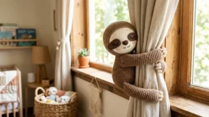 Imagem horizontal de um bicho preguiça amigurumi de crochê marrom e bege, dormindo enquanto abraça uma cortina de quarto infantil. Fundo iluminado com decoração boho aconchegante.